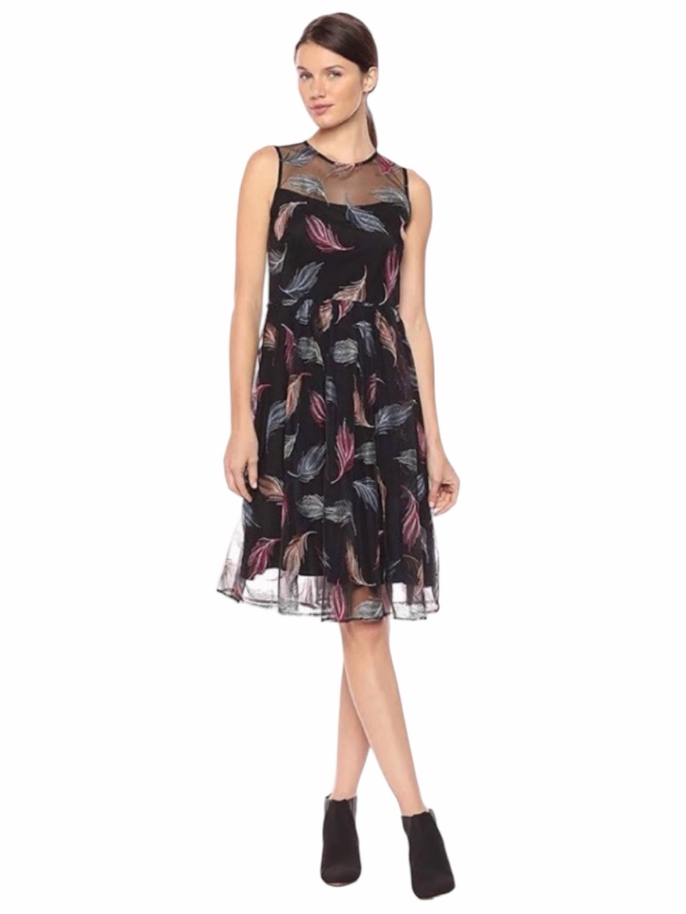 NWT Calvin Klein Sleeveless Black Mesh Feather Pattern Dress Size 4